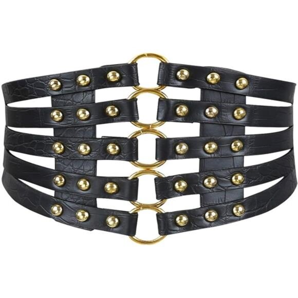 🖤 Hollow-Out PU Leather Waist Belt | Rivet Decor Stretch Belt - Picture 1 of 6